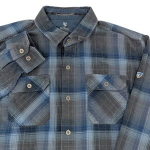 KUHL Mens Long Sleeve Plaid Flannel Shirt Blue Gray Medium Born in the Mountains